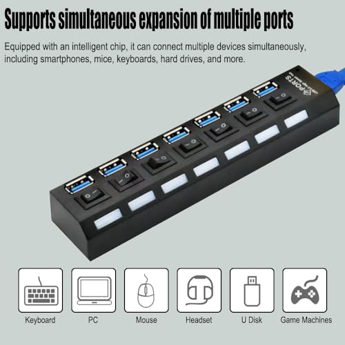 7-Port USB 3.0 Hub with Independent LED Switch, 5Gbps Data Transmission, Universal USB Extension Cable for Laptop, PC, Mac mini, iMac, Surface Pro - Durable PC Material, No Battery Required