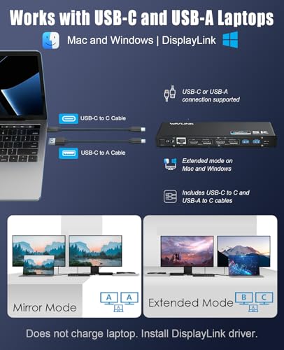 WAVLINK Displaylink Docking Station Dual 4K@60Hz Monitor for Mac, Windows | Universal For USB 3.0/USB-C Laptop, 2 HDMI/DP, Gigabit Ethernet, USB 3.0, Ideal for Home, Office & Multi-Screen Productivity.