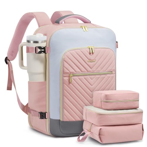 LOVEVOOK Large Travel Backpack for Women, TSA Carry on Backpack for Airplanes, 50L Personal Item Travel Bag for Women fits 17" Laptop,Waterproof Carry on Bag Airplane Approved with 3 Packing Cubes - color: Pink - Pale Grey - Dark Grey, size: 50L-4Pcs