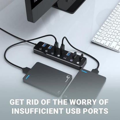 USB 3.0 Hub 7 Port USB Hub with 2ft Long Cable Aluminum USB Hub for Laptop and PC with Individual On/Off Switch and LED Indicator - color: Black
