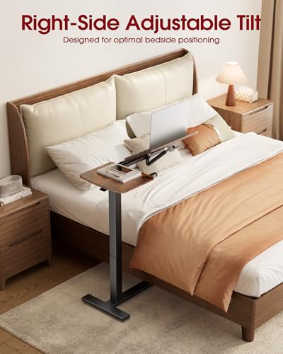 Sakugi Overbed Bedside Table with Wheels, Right-Side Tilt Top, Laptop Desk | Home & Office, Hospital Bed Table, Rolling Bed Tray, Height Adjustable, Brown,12.9" D × 27.6" W × 29.1"–39" H - color: Brown