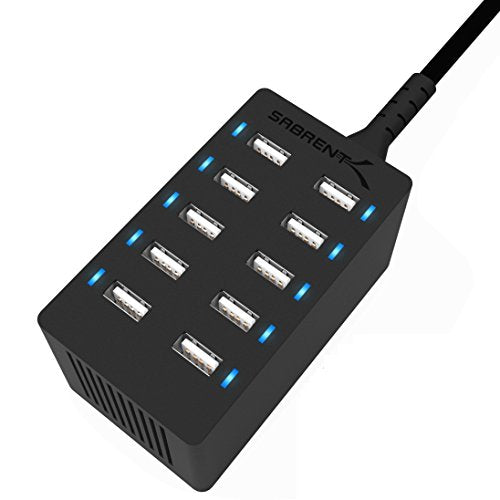SABRENT 60W 10-Port USB Charging Station, Auto-Detect (AX-TPCS) | 12A family-sized desktop rapid charger; smart auto-detect USB ports; UL certified; black; usb power strip; usb charging hub - size: 10-Port
