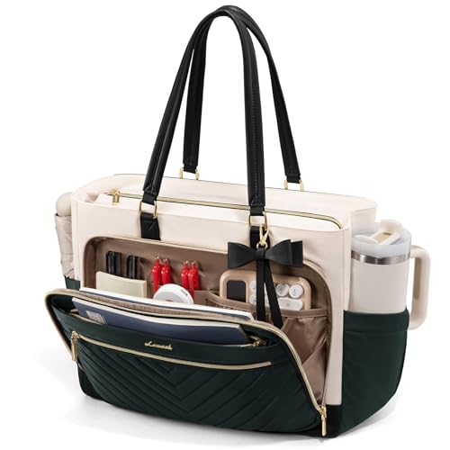 LOVEVOOK Laptop Tote Bag for Women, Work Bag Teacher Tote with Large Cup Holder, Quilted Nurse Diaper Bag for Travel, Computer Women's handbags for Teacher gift, Dark green-beige-black, 15.6 Inch - color: Dark Green-beige-black, size: 15.6 Inch
