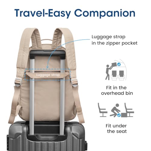 G4Free Small Backpack for Women, lightweight Daypacks for Travel School | Water-resistant Nylon Backpack, fits 13.3" laptop, Multi-pockets, Trolley strap, Comfy padded straps - color: Khaki