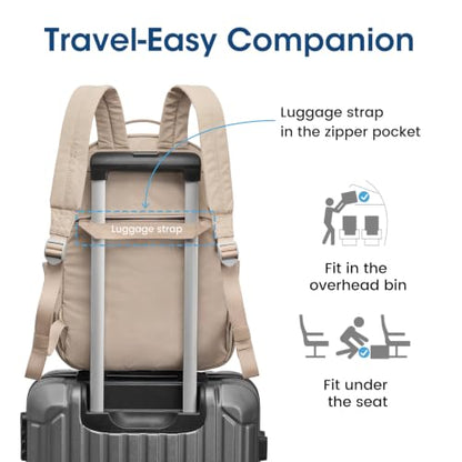 G4Free Small Backpack for Women, lightweight Daypacks for Travel School | Water-resistant Nylon Backpack, fits 13.3" laptop, Multi-pockets, Trolley strap, Comfy padded straps - color: Khaki