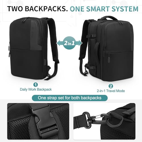 2-in-1 Travel Backpack for Men, Expandable 16" Laptop Backpack with Detachable Briefcase, Water-Resistant Carry-On Business Bag with USB-C, Black - color: Black