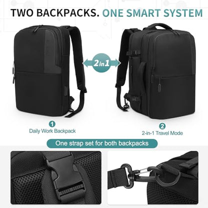 2-in-1 Travel Backpack for Men, Expandable 16" Laptop Backpack with Detachable Briefcase, Water-Resistant Carry-On Business Bag with USB-C, Black - color: Black