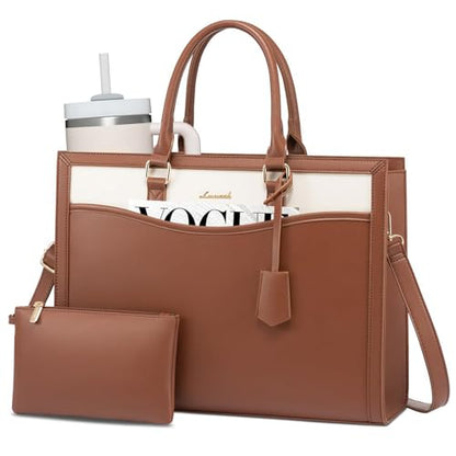 LOVEVOOK Laptop Tote Bag for Women, Leather Office Work Bag Briefcase fit for 15.6 inch Laptop, Large Teacher Computer Bag Handbag,2pcs Set Leather/Brown-White | PU Leather Business Briefcase Teacher Travel College Bag Handbag fit for 15.6 inch Laptop, Of