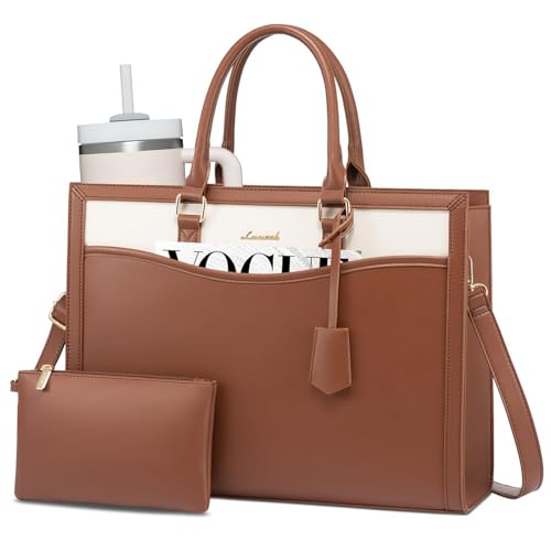 LOVEVOOK Laptop Tote Bag for Women, Leather Office Work Bag Briefcase fit for 15.6 inch Laptop, Large Teacher Computer Bag Handbag,2pcs Set Leather/Brown-White | PU Leather Business Briefcase Teacher Travel College Bag Handbag fit for 15.6 inch Laptop, Of