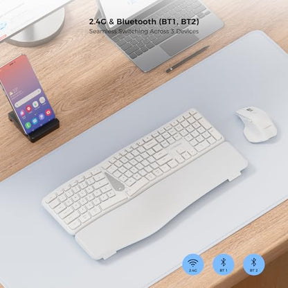 Ergonomic Keyboard Mouse Wireless Combo, Full Size Bluetooth Split Keyboard with Wrist Rest, 4 Level DPI Ergo Mouse for Windows Mac OS Computer, White - color: White