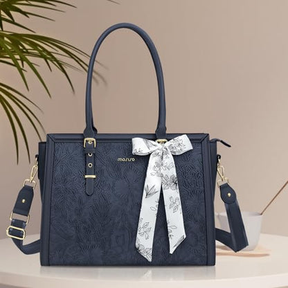 MOSISO Laptop Bag for Women, 17-17.3 inch PU Leather Tote Bag | Compatible with MacBook, HP,Dell, Front Embossed Retro Hibiscus Computer Bags with Silk Scarf&Clutch Purse, Haze Blue - color: Haze Blue, size: 17.3 inch