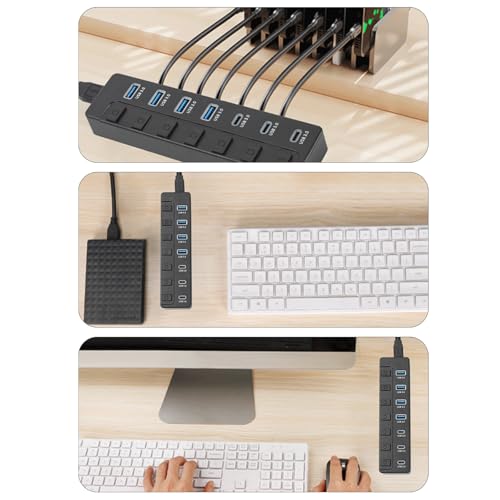 7 Port USB3.0 Adapter with 3 Type C and Individual Switches 5Gbps Fast Data Transfer Expansion Dock for Laptops PC