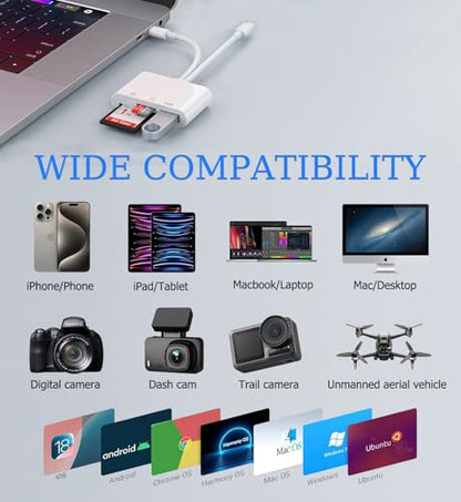 USB C SD Card Reader for iPhone, iPad, Lightning Dual Port SD Card Adapter, Memory Card Readers for Digital Camera Adapters, Support SD, Micro SD, USB3.0, Plug and Play