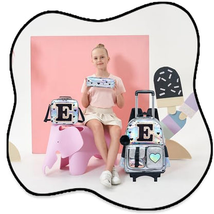 HTgroce Cute Rolling Backpack with Wheel,School Backpack for Kids Girl Roller Schoolbag Wheeled Backpacks Set Carry-on Luggage,Initial E - color: Silver, style: E