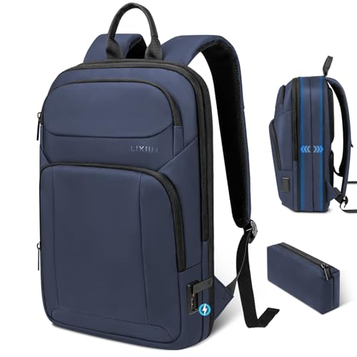 Backpack for Men Slim & Expandable Travel Laptop Backpack with USB Charging Port Water Resistant Anti-Theft Business Backpack Fits 17.3In Laptop for Commute Work College with Small Bag (Navy Blue) - color: Navy Blue, size: 17.3”
