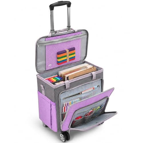 Rolling Teacher Bag With Wheels, Tote Organizer With Detachable Trolley - color: Purple