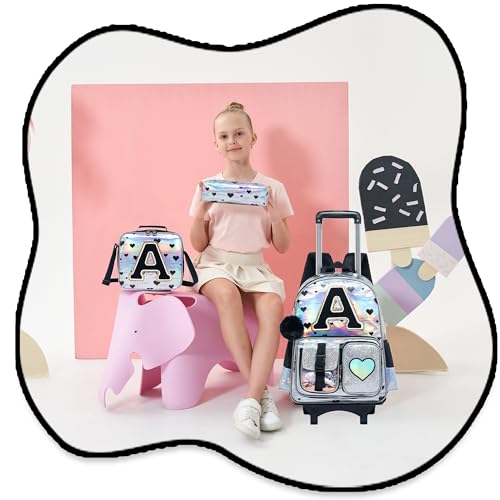 HTgroce Cute Rolling Backpack with Wheel,School Backpack for Kids Girl Roller Schoolbag Wheeled Backpacks Set Carry-on Luggage,Initial A - color: Silver, style: A