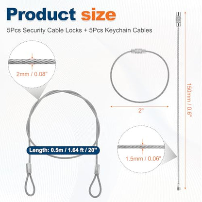 5 Set Double Loop Security Cable Lock (1.64 ft X0.08'') + Keychain Cable, Silver - color: Silver, size: 1.64 ft x 0.08 Inch