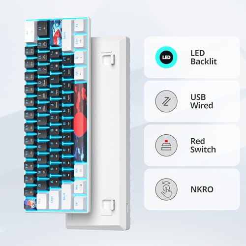Portable 60% Mechanical Gaming Keyboard, 60 Percent Red Switch LED Backlit, 61 Keys Mini Black & White USB Wired Office Keyboard for Windows Mac Laptop PC - color: 61 White & Black/Red Switch