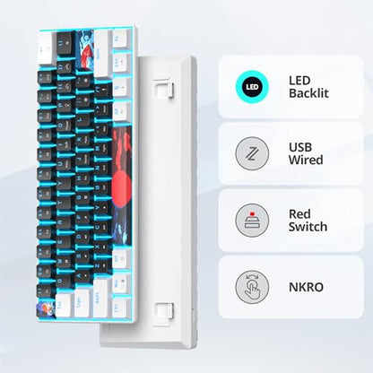 Portable 60% Mechanical Gaming Keyboard, 60 Percent Red Switch LED Backlit, 61 Keys Mini Black & White USB Wired Office Keyboard for Windows Mac Laptop PC - color: 61 White & Black/Red Switch