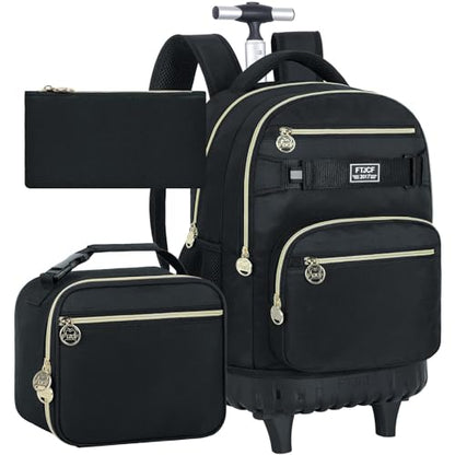 3Pcs Rolling Backpack for Boys Men, 19 Inche Adults Roller Backpacks with Wheels, School Wheeled Bookbag with Lunch Box(Black) - color: Classic Black