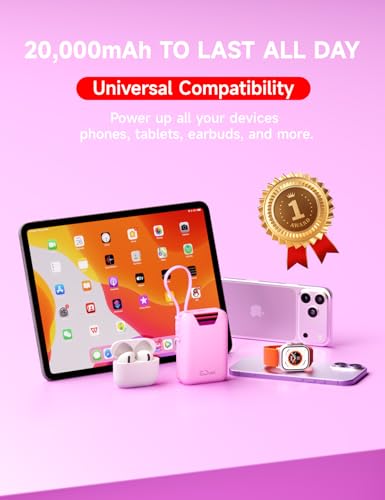 M2 Portable Charger, 20000mAh Power Bank, PD 35W Ultra Fast USB-C Built-in Cable, Compact Cute Mini External Battery Pack for iPhone, Samsung, Android iPad (Pink) - color: Pink