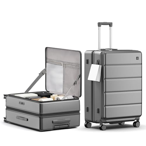 28 Inch Checked Luggage Side Opening Expandable Hardshell Suitcase, 100% PC Lightweight with Brake Spinner Wheels, TSA Lock - Large Travel Suitcase - color: Grey, size: 28 Inch-EXT