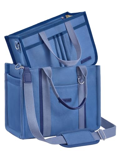 BESBESME Women’s Canvas Tote Bag with Zipper and Compartments – Multi-Pocket Laptop Work Crossbody Shoulder Tote Purse - color: Dark Blue, size: Medium, style: Detachable Organizer