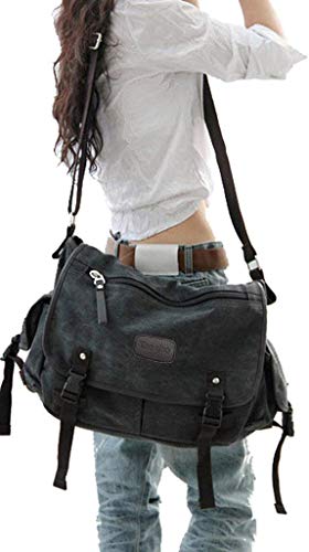[Upgraded] Vintage Canvas Messenger Bag 13 15.6 17 inches Large Book Laptop Shoulder Bag Women Men New (Black, X-Large) - color: Black, size: X-Large