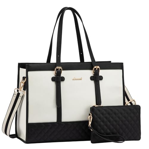 LOVEVOOK Laptop Bag for Women, 15.6 Inch Computer Tote Bags Purse for Work | Canvas, with Long Shoulder Strap&Clutch Purse, Handbag, Casual Stylish Tote Bag for Work Office Travel College Teacher School - color: A-black & White, size: 15.6 inch