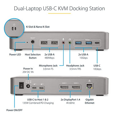 StarTech Dual-Host USB-C KVM Dock, Dual 4K 60Hz DisplayPort, GbE, 90W, TAA | Charges two laptops, with a 5-port USB hub, 10Gbps USB-A and USB-C, Gigabit Ethernet, audio and MAC pass-through