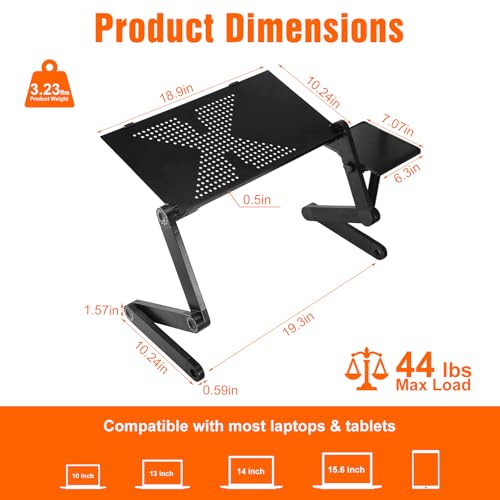 Extra Wide Adjustable Laptop Stand, Laptop Desk for 17inch Computer, Portable Aluminum Laptop Stand with Detachable Mouse Pad, Ergonomic Lap Desk for Bed Sofa Couch Office, Black