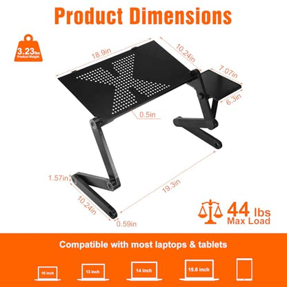 Extra Wide Adjustable Laptop Stand, Laptop Desk for 17inch Computer, Portable Aluminum Laptop Stand with Detachable Mouse Pad, Ergonomic Lap Desk for Bed Sofa Couch Office, Black