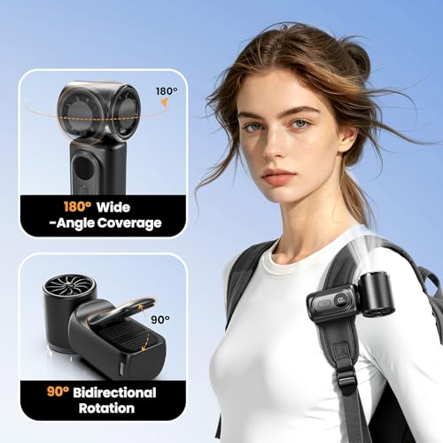 Portable Clip-On Mini Fan Handheld Turbo Fan 180° Rotating 3000mAh 5-speed | Handheld Mini Fan with LED Display, 14500 RPM Rechargeable Stroller Fan for Travel, Camping, Game day & Office - color: black