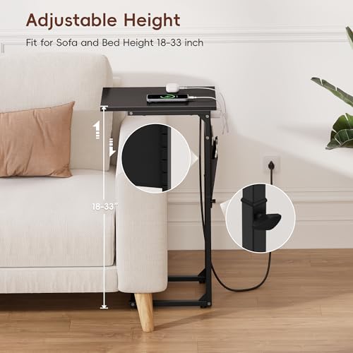 Vagusicc C-Shaped End Tables Set of 2 with Charging Station, 33'' Tall C Table Adjustable Height Side Table, Sofa Table for Couch, Couch Table that Slide Under Sofa, TV Trays for Living Room, Black - color: 2pc Black, style: With Plug