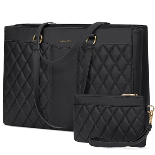 RAINSMORE Laptop Bag for Women 15.6 Inch Computer Tote Briefcase for Work | Water-Resistant Soft PU Leather, with Clutch & Organized Interior, for Commute, College, Travel - color: Black