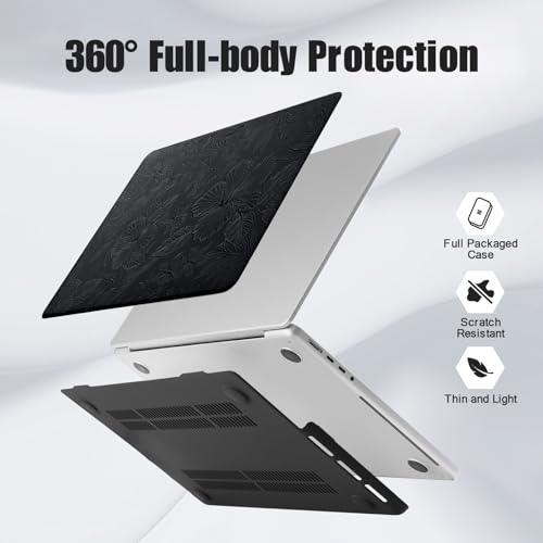 Floral Logo Cutout Case for MacBook Air 15 inch 2026 2025-2023 M5 M4 M3 M2 | Model A3448 A3241 A3114 A2941, Elegant Textured Retro Leather Hard Shell Mac Air 15 inch Laptop Case & Keyboard Cover, Black - color: Embossed Floral Black
