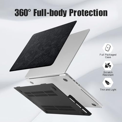 Floral Logo Cutout Case for MacBook Air 15 inch 2026 2025-2023 M5 M4 M3 M2 | Model A3448 A3241 A3114 A2941, Elegant Textured Retro Leather Hard Shell Mac Air 15 inch Laptop Case & Keyboard Cover, Black - color: Embossed Floral Black