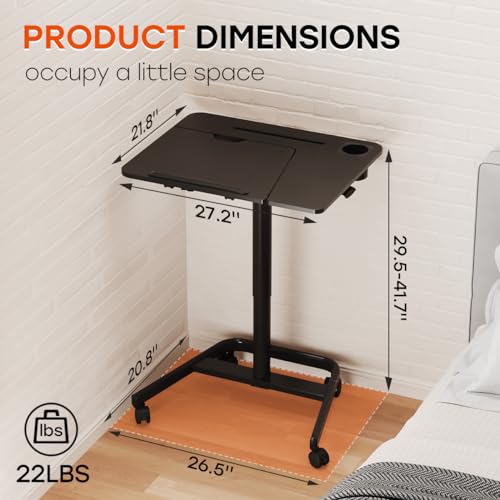 JOY worker Rolling Standing Desk, 60° Tiltable Mobile Laptop Desk, Black | Pneumatic Height Adjustable Cart, Portable Stand Up Desk with Wheels & Cup Holder for Office Home School, Holds Up to 22lbs - color: Black