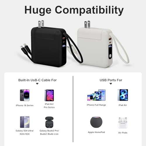 Detachable Wall Plug Portable Charger 15000mAh Power Bank 22.5W | Fast Charging Built-in Cables, 3-in-1 Compact USB-C Battery Pack Travel Essentials for iPhone 17,iPad, Android, Samsung - color: White