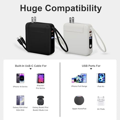 Detachable Wall Plug Portable Charger 15000mAh Power Bank 22.5W | Fast Charging Built-in Cables, 3-in-1 Compact USB-C Battery Pack Travel Essentials for iPhone 17,iPad, Android, Samsung - color: White