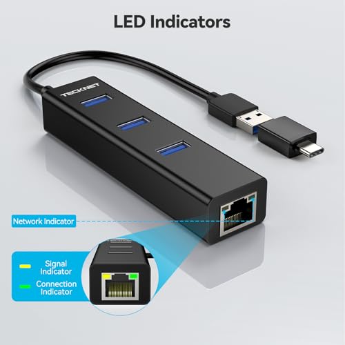 TECKNET USB C to Ethernet, Gigabit Ethernet Adapter for Laptop, Plug & Play | LAN Wired Network Adapter, High-Speed 1Gbps & 3 USB 3.0 Hub, 5Gbps Transfer Speed, Driver-Free, 2-in-1 USB-A/C, Aluminum Case