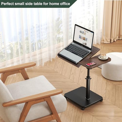 Adjustable Height C Shaped End Table with Wheels,360°Swivel Side Table, Top Tilting Laptop Stand TV Table for Sofa/Bed, Couch Tables that Slide under, Rolling Coffee Table for Living Room (walnut)