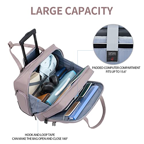 EMPSIGN Rolling Laptop Bag Women, Rolling Briefcase 15.6 Inch, Grey Pink | Water-Repellent, Airline Approved, Overnight Computer Bag, Rolling Briefcase with Wheels, Travel Business Work - color: Quilted Grey Pink