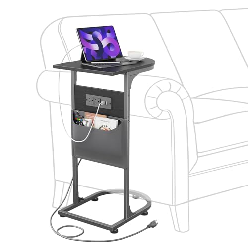 C Shaped End Table with Charging Station, Small Side Table for Couch, C Table Slides Under Sofa with Storage Bag, TV Tray Table for Recliner, Living Room, Bedside, Bedroom, Small Spaces, Black - color: Charging Station Black