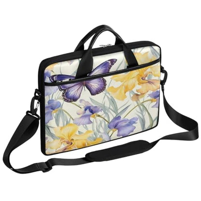 Laptop Shoulder Bag for Women Men, Waterproof Computer Case Messenger Bag Briefcase for Business Office Travel - color: Purple Yellow Iris Flower Butterfly