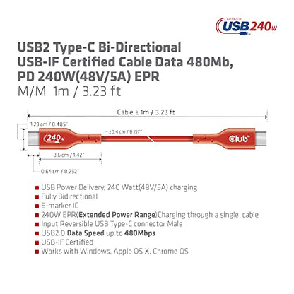 Club 3D CAC-1511 USB2 Type C to Type C Certified Bi-Directional Cable with 240W Charging, 480Mb Data Transmission EPR 1m - 3.28ft - size: 1m - 3.28ft