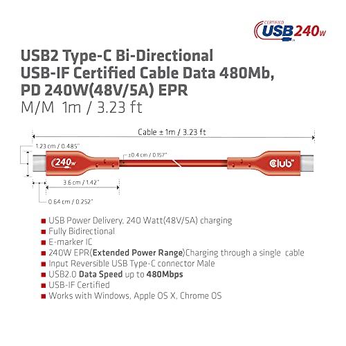 Club 3D CAC-1511 USB2 Type C to Type C Certified Bi-Directional Cable with 240W Charging, 480Mb Data Transmission EPR 1m - 3.28ft - size: 1m - 3.28ft