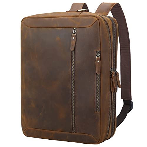 TIDING Vintage Leather 15.6" Laptop Briefcase Convertible Backpack for Men | Large 3 in 1 Business Work Handbag Brown Travel Crossbody Shoulder Bag - color: Brown