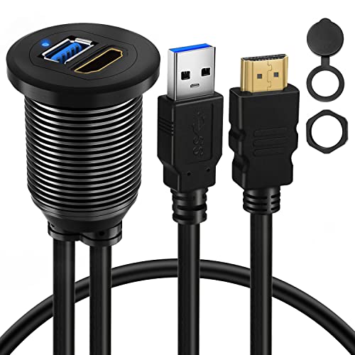 USB 3.0 HDMI Car Mount Flush USB Port Cable, Alloy Shell HDMI USB3.0 Dash Panel Extension Cable with LED Indicator for Car Boat Motorcycle -3ft - style: USB3.0 & HDMI 3ft